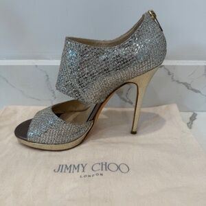 Jimmy Choo Champagne Glitter Private Platform Heels, Size 41